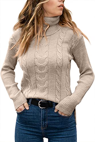 Suéteres de cuello alto para mujer Jersey de manga larga Suéteres de punto de cable Jersey suave Beige