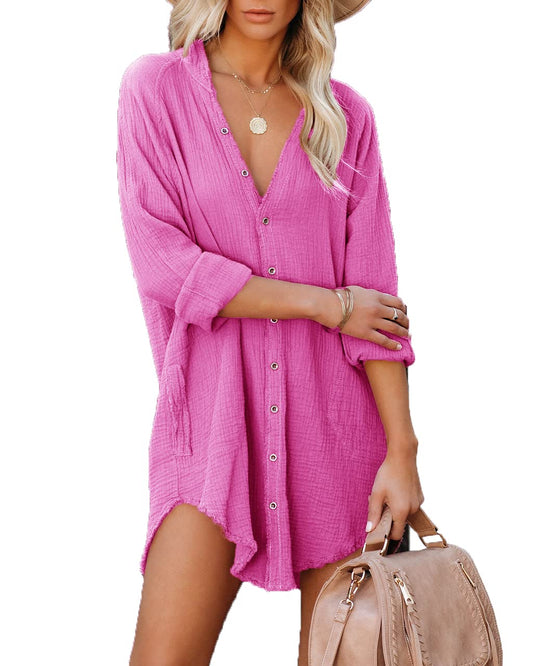 PRODUCTO 543 Paintcolors Vestidos tipo túnica de algodón de manga larga con botones para mujer, blusas de playa, blusas de gran tamaño con bolsillos, rosa fuerte M