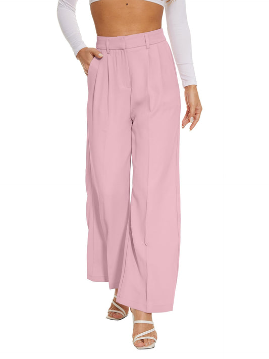 PRODUCTO 569 KICZOY Pantalones anchos de pierna ancha y cintura alta para mujer, pantalones holgados con cintura elástica en la espalda, pantalones delanteros plisados para el trabajo, informales, color rosa
