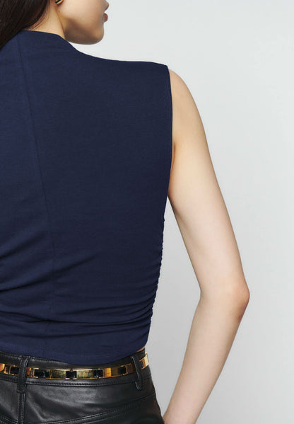 PRODUCTO 622-2 KAMISSY Camiseta sin mangas corta con cuello simulado y fruncido para mujer, informal, cuello alto, sin mangas, ajustada, ajustada, para yoga, atlético, correr, azul