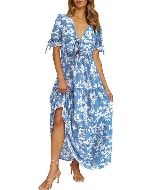PRODUCTO 589-1 BTFBM Womens Summer Dresses 2024 Resort Wear Casual Short Sleeve Floral Print Bohemian V Neck Ruffle Flowy Maxi Dress(White Branch Blue, Small)