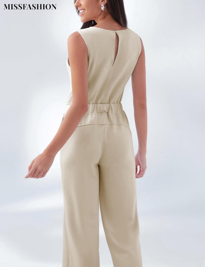 PRODUCTO 615-1 MISSFASHION Airy Essentials Monos de verano sin mangas de pierna ancha para mujer cintura elástica con mono con cordón (Beige-XS)