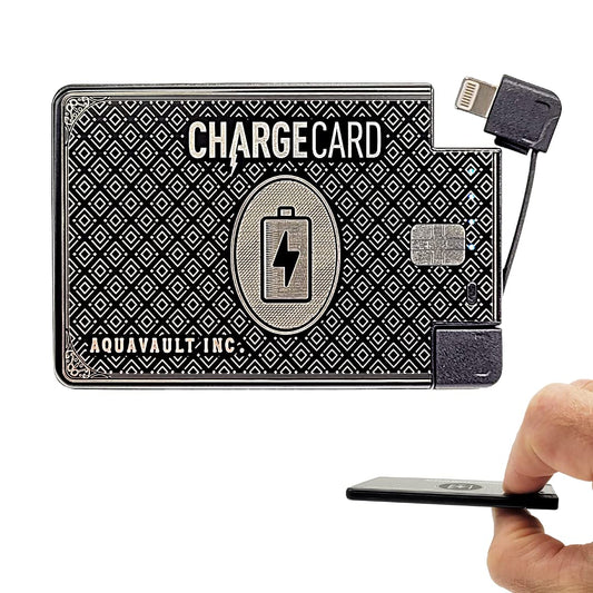 PRODUCTO 321 AquaVault ChargeCard Cargador de teléfono portátil y banco de energía - Carga rápida y compacto - Cables intercambiables (Lightning, USB-C, Micro USB) - Paquete de batería del tamaño de una tarjeta de crédito (negro)