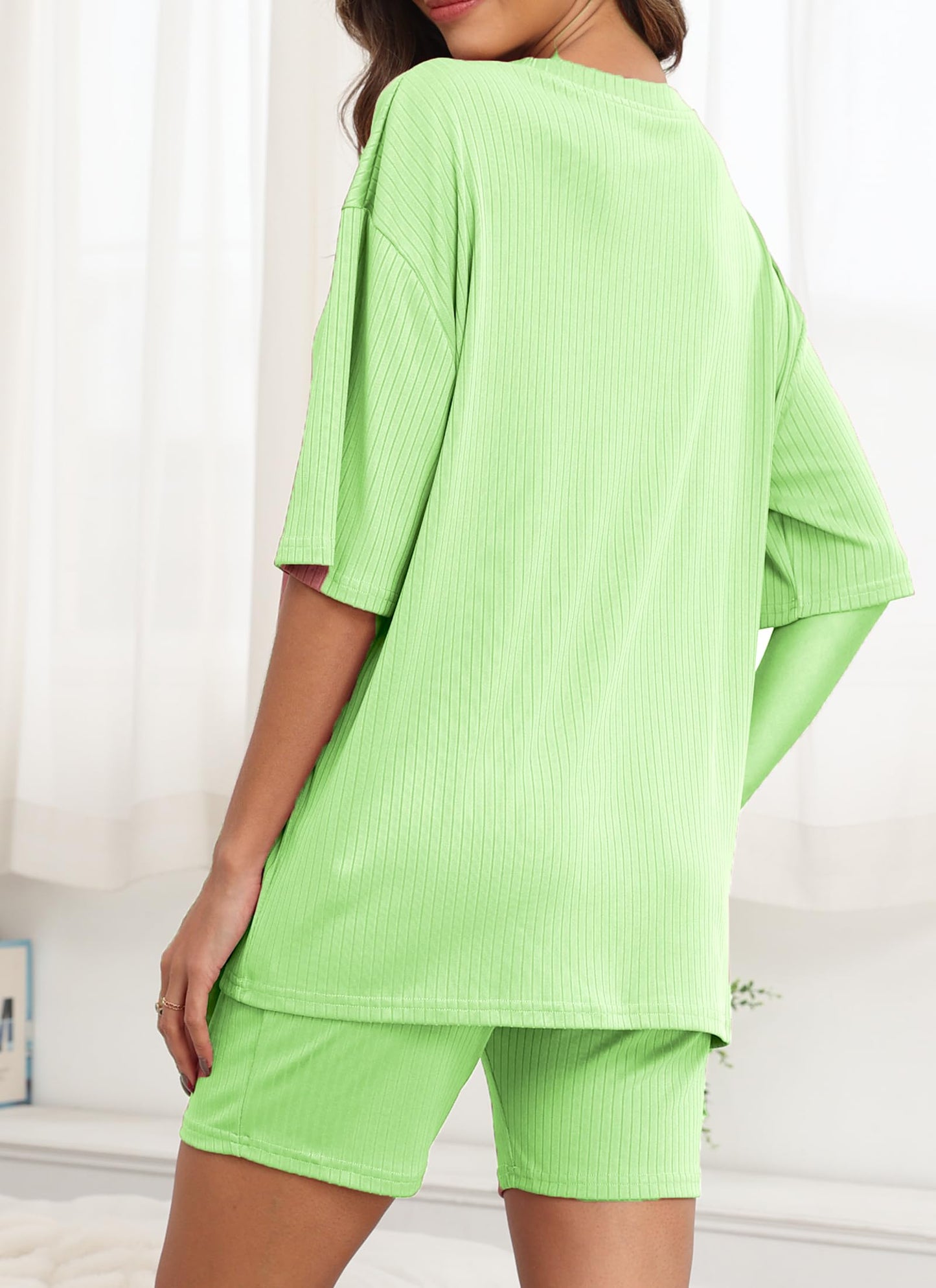 PRODUCTO 621 BEKOFO Conjuntos de pijamas de punto acanalado Conjuntos de manga corta Camiseta Pantalones cortos de bicicleta 2024 Moda Mujer Pijama Pj Conjuntos para mujer Verde Grande