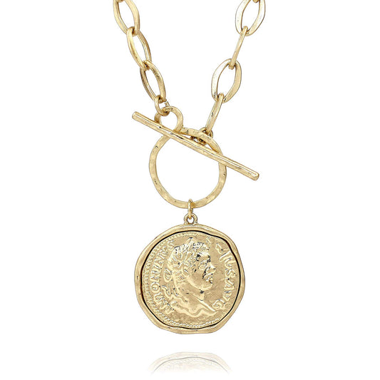 PRODUCTO 621-2 POMINA Collar de palanca de monedas gruesas de moda de oro antiguo para mujer Colgante de moneda romana con medallón Cadena de eslabones gruesos Collar en capas de oro para mujer (oro desgastado)