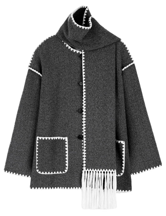 PRODUCTO 509 Yimoon Chaqueta con bufanda bordada para mujer, abrigo de mezcla de lana con botones de gran tamaño, prendas de vestir informales de invierno con bufanda con borlas (gris oscuro-M)
