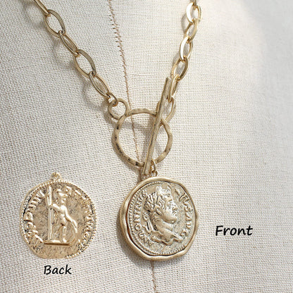 PRODUCTO 621-2 POMINA Collar de palanca de monedas gruesas de moda de oro antiguo para mujer Colgante de moneda romana con medallón Cadena de eslabones gruesos Collar en capas de oro para mujer (oro desgastado)