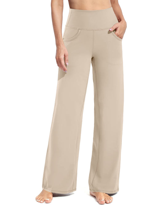 PRODUCTO 708-1 Promover Pantalones de pierna ancha para mujer Pantalones de trabajo de yoga con bolsillos Pantalones de vestir acampanados ligeros para caminar senderismo (caqui claro, S, 30")