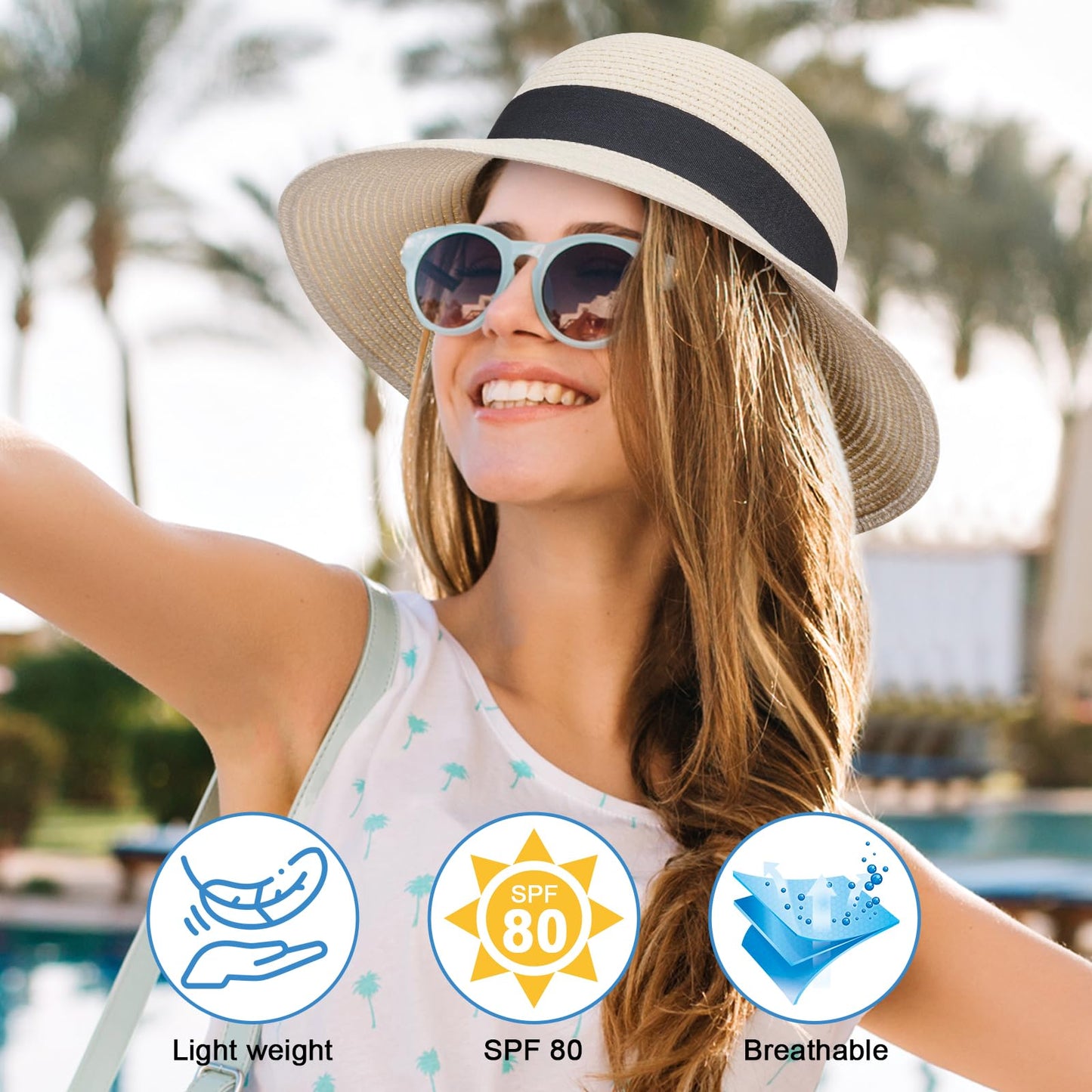 PRODUCTO 722-1 VIFUUR Sombreros de Paja para Mujer Visera de Verano de ala Ancha Sombrero para el Sol de Playa Plegable UPF UV Viaje Plegable Beige Puro L/XL