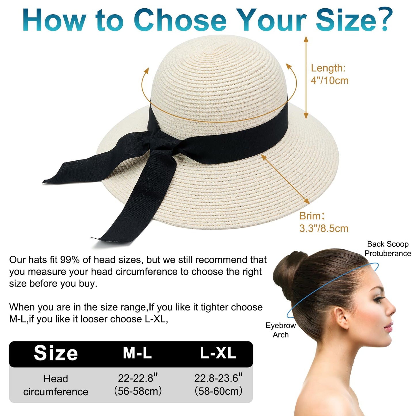 PRODUCTO 722-1 VIFUUR Sombreros de Paja para Mujer Visera de Verano de ala Ancha Sombrero para el Sol de Playa Plegable UPF UV Viaje Plegable Beige Puro L/XL