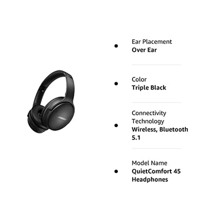 Bose QuietComfort 45 Auriculares inalámbricos Bluetooth con cancelación de ruido - Triple negro (renovado)