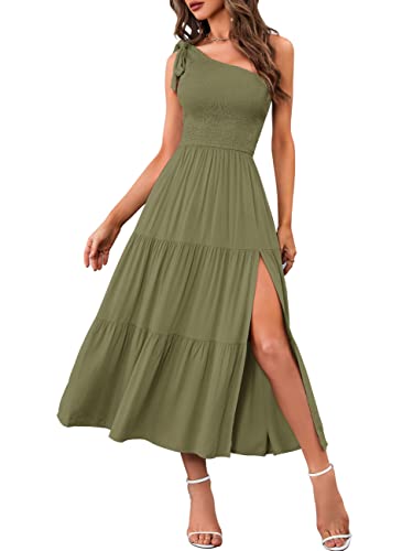 MEROKEETY Vestido largo de verano con un hombro para mujer, vestido largo midi de playa con niveles fluidos y fluidos, verde militar, M