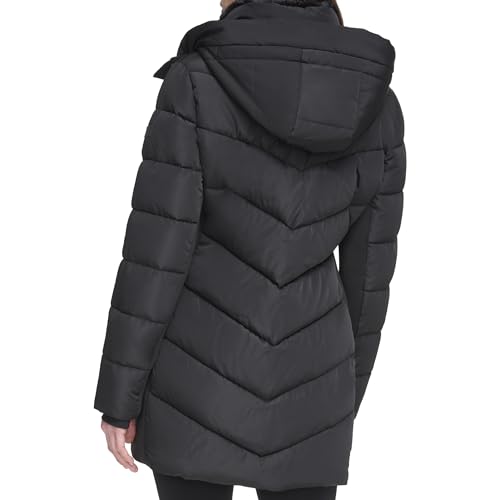 Calvin Klein Chaqueta acolchada larga con pechera para mujer, color negro