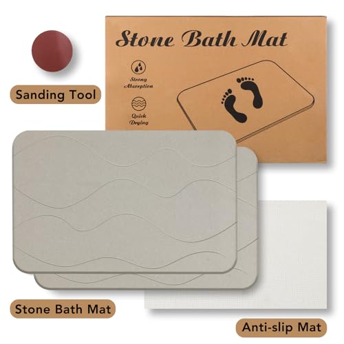 JIZEUO Alfombra de baño de piedra, alfombra de ducha de tierra de diatomeas, antideslizante, súper absorbente, de secado rápido, paquete de 2, gris y blanco