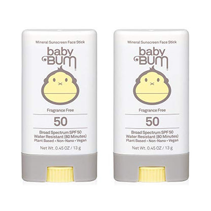 Baby Bum Protector solar mineral en barra facial - SPF 50 - Protección facial y corporal UVA, UVB - Sin fragancia, seguro para pieles sensibles - Tamaño de viaje 0.45 onzas (paquete de 2)