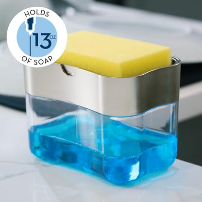 S&T INC. Dispensador de jabón y soporte para esponja para fregadero de cocina, esponja incluida, 13 onzas, plateado metálico