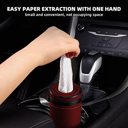 Moioee Car Tissue Holder, Cylinder Tissue Box with Window Breaker, PU Leather Round Tissues Container for Auto Cup Holder, Travel Facial Tissues Organizer for All Vehicles (Wine Red)