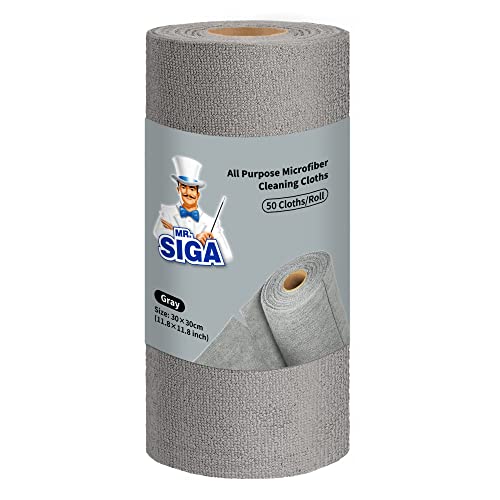 MR.SIGA Microfiber Cloths in Roll, Lint Free Cleaning Wipes, Value Pack Reusable Kitchen Towels, 50 Cleaning Cloths Per Roll, Gray