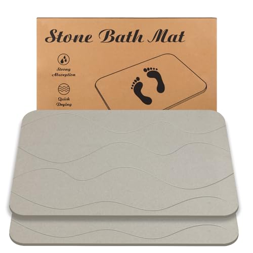 JIZEUO Alfombra de baño de piedra, alfombra de ducha de tierra de diatomeas, antideslizante, súper absorbente, de secado rápido, paquete de 2, gris y blanco