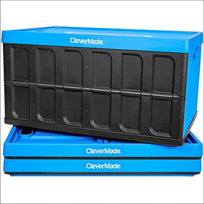 CleverMade Contenedores de almacenamiento plegables de 62 L con tapas - Cajas utilitarias apilables de plástico plegables, CleverCrates de pared sólida, paquete de 3, azul neptuno