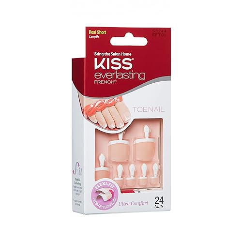 KISS Everlasting French Pedicure Kit, Chip-Free Glue-On Fake Toenails, Real Short Length, Style “Limitless”, Flexi-Fit Technology, Pink Gel Nail Glue, Mini File, Manicure Stick & 24 False Toenails