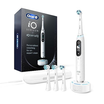 Oral-B iO Series 10 Cepillo de dientes eléctrico recargable, Stardust White con 4 cabezales, estuche de viaje y cargador iO Sense - Sensor de presión visible para proteger las encías - 7 modos de limpieza - Temporizador de 2 minutos