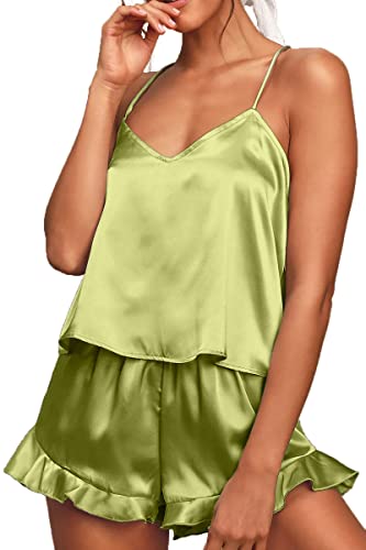 CHYRII Conjuntos de pijamas sexys con espalda cruzada y volantes para mujer, conjuntos de pantalones cortos de seda satinada, ropa de dormir verde aguacate S