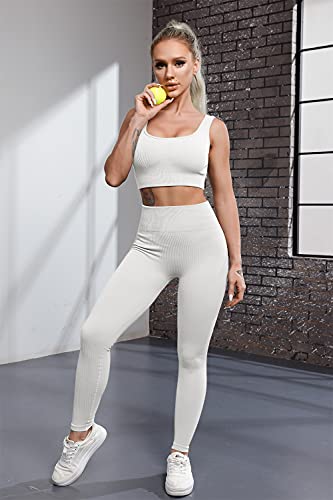 QINSEN Conjunto de yoga para mujer, sin costuras, 2 piezas, sujetador deportivo, cintura alta, conjuntos de polainas beige S