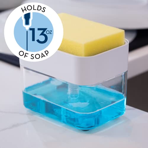 S&T INC. Dispensador de jabón para platos y soporte de esponja para fregadero de cocina con características mejoradas, esponja incluida, 13 onzas, blanco mate