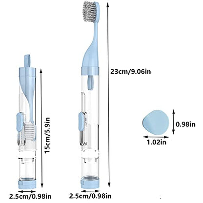Kit de 2 cepillos de dientes plegables, tamaño de viaje, contenedor de pasta de dientes incorporado, incluye 2 cerdas suaves con cabezal limpiador para viajes, camping, escuela, viajes de negocios (azul, blanco)