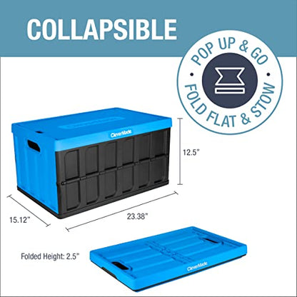 CleverMade Contenedores de almacenamiento plegables de 62 L con tapas - Cajas utilitarias apilables de plástico plegables, CleverCrates de pared sólida, paquete de 3, azul neptuno