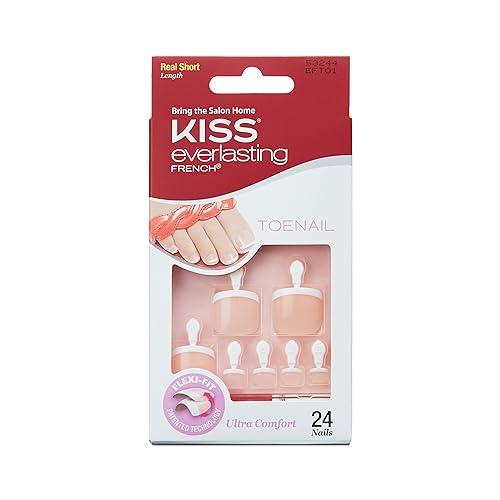 KISS Everlasting French Pedicure Kit, Chip-Free Glue-On Fake Toenails, Real Short Length, Style “Limitless”, Flexi-Fit Technology, Pink Gel Nail Glue, Mini File, Manicure Stick & 24 False Toenails