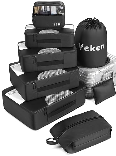 Veken 8 Set Packing Cubes for Suitcases, Travel Essentials Bag Organizers for Carry on, Luggage Organizer Bags Set for Travel Accessories in 4 Sizes (Extra Large, Large, Medium, Small), Black
