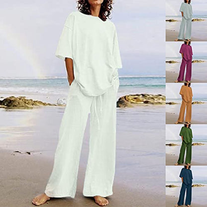 TIMIFIS Amazon Warehouse Venta Liquidación Verano 2 Piezas Trajes para Mujer Casual Algodón Lino Boho Conjuntos Camisetas de gran tamaño Pantalones de pierna recta