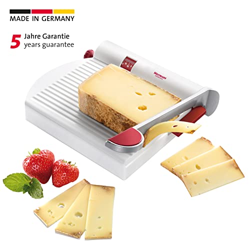 Cortadora de queso y alimentos multiusos de acero inoxidable Westmark Germany con tabla y dial de espesor ajustable (blanco) -