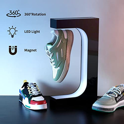 Coolha Expositor flotante de zapatos Soporte magnético levitante para zapatillas con luz LED de rotación de 360° Función de protección anticaída doble para publicidad, exposición, tienda