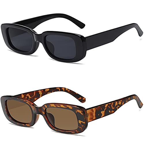 Tskestvy 2 Pack Square Rectangle Sunglasses for Women Men Y2K Retro Trendy Vintage Glasses 90S Cute Aesthetic (Black and Tortoiseshell)