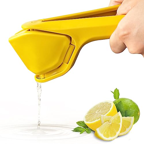 Exprimidor de limón manual, exprimidor de lima y limón con extracción máxima de jugo, exprimidor de limón plano fácil de usar con apalancamiento para reducir el esfuerzo, exprimidor manual de cítricos con colador incorporado, amarillo