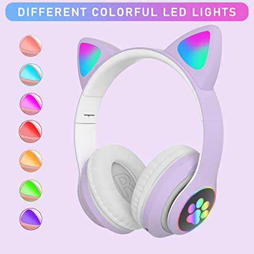 TOKANI Auriculares inalámbricos con micrófono, Bluetooth con orejas de gato para niños, adolescentes, adultos, niñas y mujeres (púrpura)