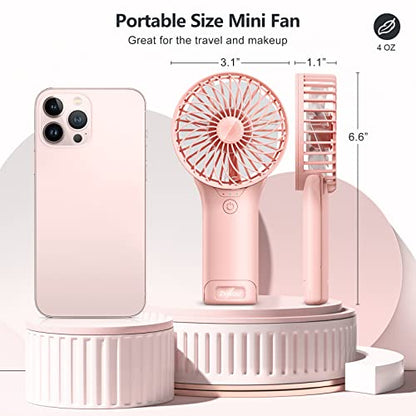 Ventilador portátil de mano con espejo, mini ventilador personal recargable por USB de 4 velocidades, ventilador de escritorio para niñas, mujeres, niños, viajes, oficina al aire libre, rosa