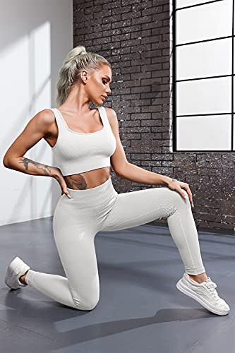 QINSEN Conjunto de yoga para mujer, sin costuras, 2 piezas, sujetador deportivo, cintura alta, conjuntos de polainas beige S