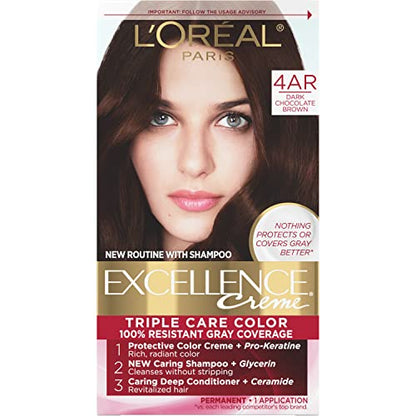 L'Oreal Paris Excellence Creme Permanent Triple Care Color de cabello, 4AR marrón chocolate oscuro, cobertura de canas hasta 8 semanas, todo tipo de cabello, paquete de 1