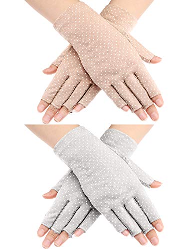 Maxdot 2 Pairs Sunblock Gloves Non Slip UV Protection Driving Gloves Summer Outdoor Gloves for Women and Girls (Gray and Khaki,Fingerless Style)