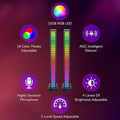 Barra de luz de control de sonido RGB, barra de luz de ritmo activada por sonido inalámbrica, barra de luz LED ambiental recargable de 32 bits con nivel de música colorido activado por voz para coche, sala de juegos, fiesta, DJ, escritorio (2 paquetes)
