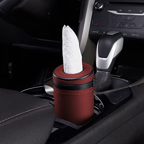Moioee Car Tissue Holder, Cylinder Tissue Box with Window Breaker, PU Leather Round Tissues Container for Auto Cup Holder, Travel Facial Tissues Organizer for All Vehicles (Wine Red)