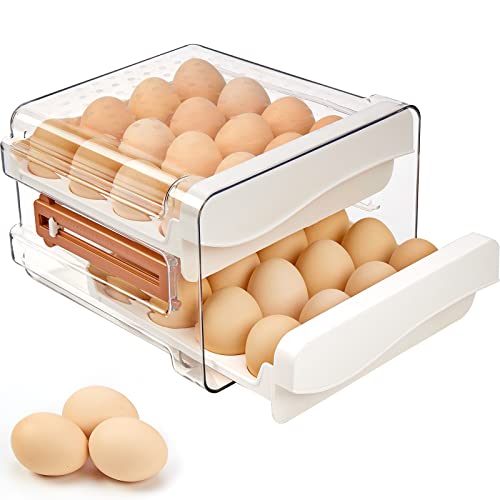 SPACY MAYA Organizador de huevos para refrigerador,Soporte para huevos para refrigerador,Contenedor de huevos para refrigerador con escala de tiempo,Bandeja de almacenamiento de 32 huevos de gran capacidad,Cajón de huevos apilable