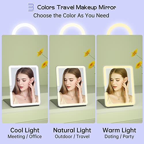 FUNTOUCH Espejo de maquillaje de viaje grande recargable con luces, iluminación de 3 colores, espejo de tocador de maquillaje iluminado portátil con espejo de aumento 10X, espejo ultra delgado regulable, esencial para viajes para mujeres