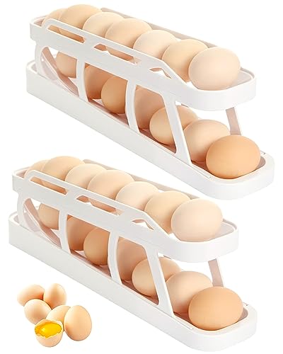 HAHOME Eggs Dispenser Auto Rolling Egg Tray Storage and Organizer, Space-Saving Egg Roller For Refrigerator White 2Pcs