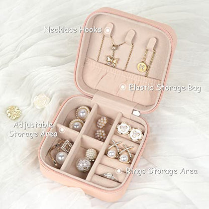 MFXIP Joyero de viaje pequeño joyero organizador de joyas estuche de almacenamiento portátil de piel sintética mini estuche de viaje para niñas y mujeres pendientes, collares, anillos, pulseras (S 1, rosa)