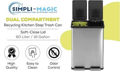 SIMPLI-MAGIC 60 Liter / 16 Gallon Rectangular Hands-Free Dual Compartment Recycling Kitchen Step Trash Can with Soft-Close Lid, Brushed Stainless Steel